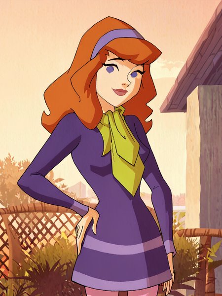 <lora:DaphneMysteryIPony1.0:1> daphneb, 1girl, solo, long hair, hairband, orange hair, purple dress, purple eyes, green scarf, smile, pink pantyhose, cowboy shot,  smile, outdoors, looking at viewer, hand on own hip,, score_9, score_8_up, score_7_up, score_6_up, score_5_up, score_4_up