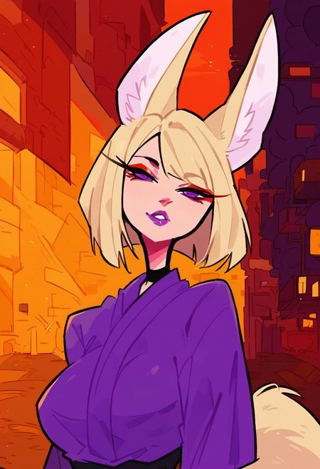score_9, score_8_up, score_7_up, solo, 1girl, blonde hair, bob cut, (fennec ears),  red eyeshadow, purple eyes, purple lips, large breasts, purple kimono, fox tail, urban, outdoors, portrait, upperbody, dijor,