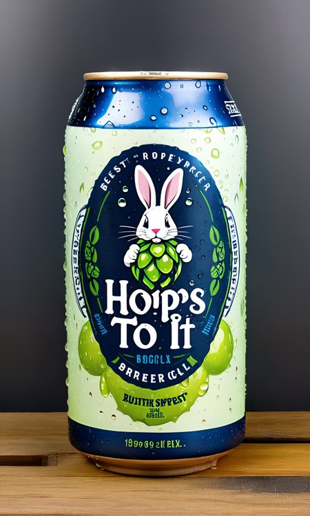 <lora:bevlabsdxl:0.9>,a beer can with bunny,  text "Hops to it", bevlabsdxl,  best quality, masterpiece, water droplets, logo, fancy beer,