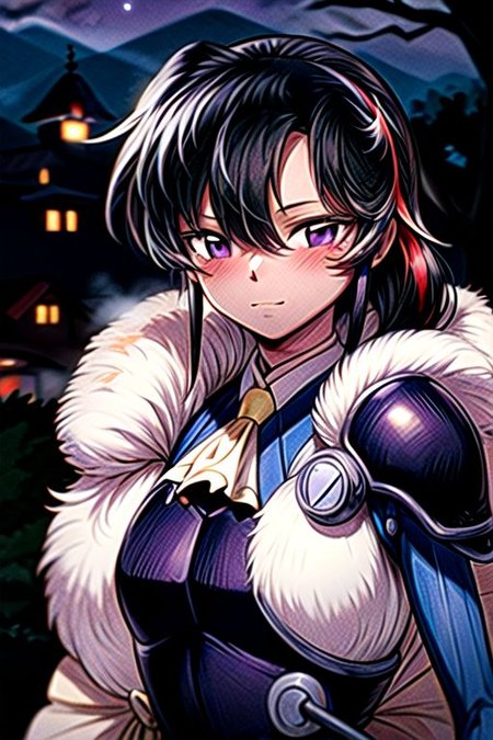 best quality 1girl Setsun4 solo long hair,  (night time) forest background black hair very long hair purple eyes multicolored hair armor, small, (fur trim) (medium body),<lora:EMS-179-EMS:0.800000>,<lora:EMS-293862-EMS:0.800000> bow, hair_bow, hair_tubes, red_bow, brown_hair, long_hair, bangs, ascot, frilled_bow, yellow_ascot, blush, smile, hair_between_eyes, athletic, armor, miko, strengthmda,  Smiling, happy, (helmet), Samurai Helmet