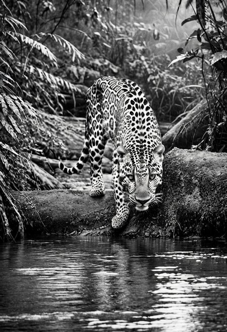 a (black and white:1.5) photo of a leopard, in the jungle, drinking at the at the edge of a river, at dusk, dense jungle forest, dramatic lights, shallow depth of field, blurred background, extreme details, intricate details, 8k, 35mm photo, photorealism, realistic photo, national geographic style, masterpiece, film photography style