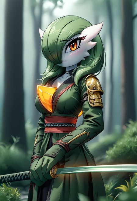 (((gardevoir))), female, anthro, masterpiece, ultimate detailed, tiny finnest details,
rilex lenov artstyle, Fierce japanese gardevoir warrior is holding a reflective shiny (sword:1.3) in front of  her, (the light is reflected in the katana blade:1.6),, looking at viewer, close-up,