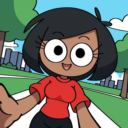 zPDXL, flat colors, cel shading, vector, shadows, source_cartoon, green background, cityscape, park, 1girl, solo, rob_(\vilepluff\), dark skin, eyelashes, medium breasts, black hair, bob cut, red shirt, short sleeves, grey pants, smile, \small head, dutch angle, open mouth, holding viewer, looking at viewer, pov, <lora:RobVile:0.9>