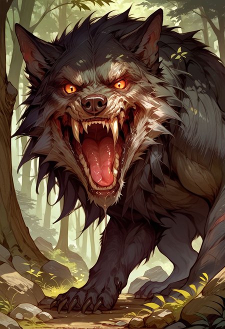score_9, score_8_up, score_7_up, source_anime, solo, looking at the viewer, ( Giant wolf, black fur,  fangs, drool, tail), scary, simple background, (detailed image, high resolution, 5k resolution:1.0),  (forest, rocks, plants)