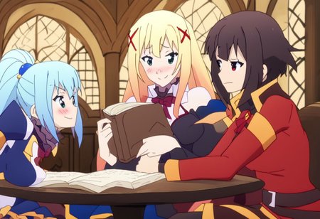 anime artwork Masterpiece, high quality, score_9, score_8_up, score_7_up, (ultra realistic, 32k, masterpiece:1.2), (high detailed skin:1.1), (high quality:1.1),(((3girls))), ((sitting around one table, indoors)), japanese room, table, dim lighting, looking at another,  
BREAK
 smile face, holding whipp, looking to the side, <lora:lalatina-dustiness-ford-s2-ponyxl-lora-nochekaiser:0.8>darkness \(konosuba\), long hair, green eyes, blonde hair, hair ornament, ponytail, braid, x hair ornament,
BREAK serious, sad, holding book, 
<lora:konosuba-megumin-s2-ponyxl-lora-nochekaiser:0.8>
megumin, short hair, black hair, red eyes, short hair with long locks,
BREAK  smug, holding beer, looking to the side,  <lora:Aqua_Pony-10:1> Aqua_(Konosuba), blue eyes, blue footwear, blue hair, blue thighhighs, blush, boots, breasts, bubble, detached sleeves, hair ornament, hair rings, leg up, long hair,  medium breasts, open hand, single hair ring, skirt, holding a beer, beer, sitting on chair,pant less,