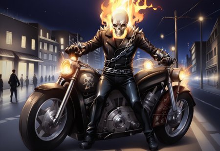masterpiece, best quality, amazing detail, Tirotata, GhostRider, skull head, on fire, leather jacket, leather pants, gloves, spikes, chain, motorcycle, chain, chain on fire, street, city, night,