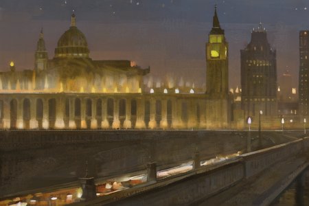 a painting of a city at night with a distant building in the background and a distant building in the foreground