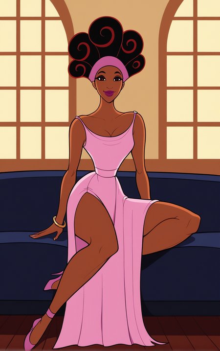 score_9, score_8_up, score_7_up, looking at viewer,  BREAK  
PinkDress_Muse_Calliope_ownwaifu, 
1girl, afro, big hair, breasts, brown eyes, brown hair, curly hair, dark skin, dark-skinned female, eyeshadow, hair up, hairband, lips, long hair, makeup, very dark skin, lipstick, medium breasts, colored skin, 
pink dress,  pink headband, bare shoulders, cape, cleavage, sleeveless dress, strap slip, bracelet, long dress, off shoulder, side slit, long legs, narrow waist, 
(sitting, spread legs), arms behind back, couch, window shade, indoors, <lora:PONYXL_Hercules_Muse_Calliope_ownwaifu:0.95> , depth of field, solo,