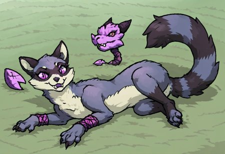 maypul, dark purple fur color, raccoon, female, solo, 1girl, evil, pink/purple demon eyes, abyss, shadow figure, evil, feral, looking at viewer, laying down, calm, fangs, cute, werewolf form, pet