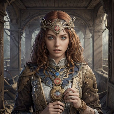 RAW photo, (masterpiece:1.3), subsurface scattering, heavy shadow, (high quality:1.4), (intricate, high detail:1.2), professional photography, HDR, High Dynamic Range, realistic, ultra realistic, photorealistic, high resolution, film photography, ambient lighting, atmospheric effects, <lora:detail_slider_v4:2>, OverallDetail, epic medieval fantasy, a mercenary with auburn short and curly hair, circlet, fanhe, <lora:FantasyHeaddress:0.6>, medallion, leather wristband,  cape, in the morning, <lora:zoom_slider_v1:-1.5>,  <lora:cleavage:-1>, in the style of Michael Whelan, mwhelan, <lora:mwhelan:1>, epiCPhoto