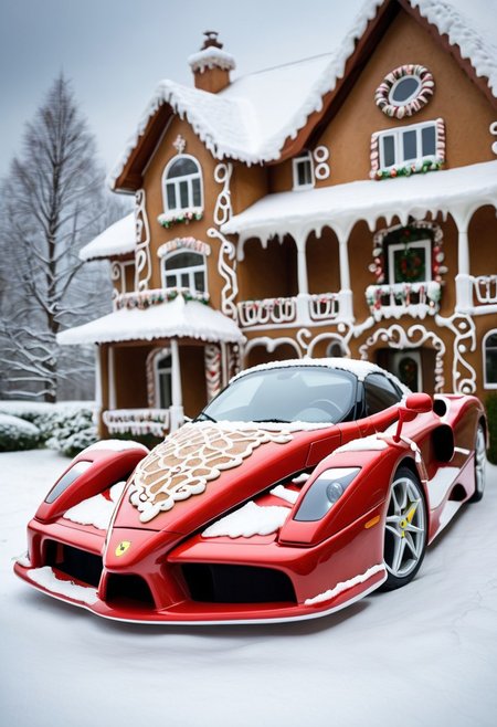 Ferrari ENZO,winter ,in front of house.Christmas<lora:GingerbreadStyle_epoch_10:0.7>