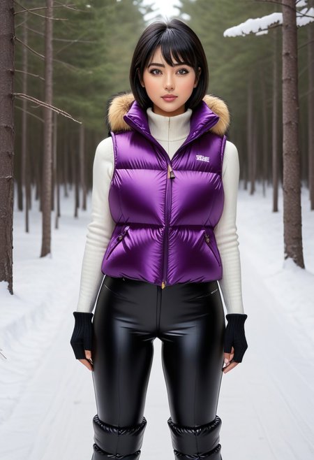((((puffer padded vest)))), ((((puffer padded vest)))), ((((full body)))), ((((fur boots)))), ((((puffer pants)))), winter, snow, forest, 1girl, solo, (masterpiece), detailed face, detailed eyes, (beautiful detailed eyes:1.5), sidelighting, (super detail, hyper detail, intricate_details, detailed), (semi realistic:1.6), (Bob cut), blunt bangs,(black hair), (purple eyes, eyelashs), smug smile, angry face, golden armlets, padded collar, Thick padded collar, <lora:Collar-SDXL:0.6>, <lora:cropped_puffer_vest_v2:0.4>, <lora:snowpants_v1:0.4>