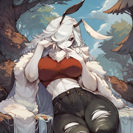 1girl, long fluffy and large silver hair, <lora:mekakure_left_v100:1>, left eye covered with hair, ((hair covers one eye)), moth antennae, fluffy moth antennae, white antennae, coloured sclera, black sclera, white pupils, (pure white skin:1.5), Expressiveh, score_9, score_8_up, large breasts,ripped jeans,crop top,sitting, ,looking at phone,outdoors,bored,arm support,<lora:mekakure_left_v100:1>, left eye covered with hair, ((hair covers one eye)), cameltoe, tight clothing, plump ass, moth antennae, fluffy moth antennae, white antennae
