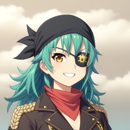 mana_sk style, portrait, focus on face, a fearless sky pirate girl with messy teal hair tied back in a bandana and sharp golden eyes, wearing a leather eyepatch and a coat adorned with intricate embroidery, a daring grin with wind sweeping her hair, faint outlines of airships in the cloudy background, Japanese RPG style, adventurous and rebellious atmosphere, intricate details on her bandana and coat