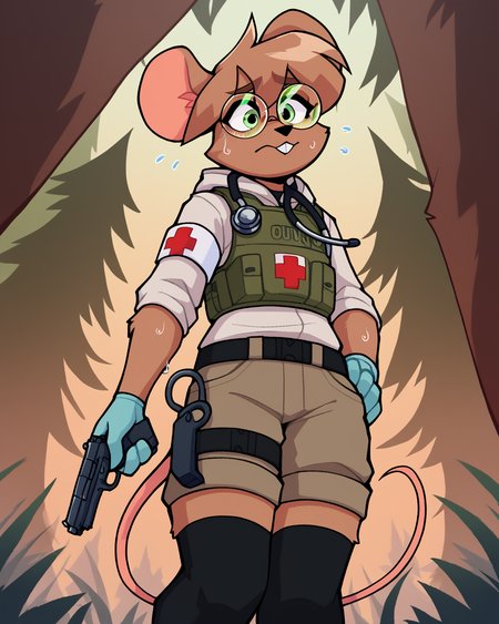 score_9_up, score_8_up, score_7_up, score_6_up, by remanedur, furry female, mouse, green eyes, body armor, round glasses, stethoscope, brown hair, armband, tail, brown fur, black thigh highs, combat boots,  buckteeth, gloves, medic, cargo shorts, hoodie, uniform, short hair, nervous, head tilt, sweat, solo, holding gun, handgun, low-angle view,   three-quarter view, forest, <lora:Leah_Pines(AIM)_XL_v1:0.15> <lora:PDXL_artist_tags_v2_big:0.5> <lora:The-Minuscule-Task_PDXL_v1.0:0.6>   <lora:Diana_Engel_v2_WirelessShiba:0.65>