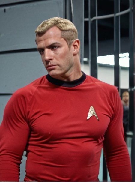 1boy, 20 year old male, Handsome, masculine, blonde, star trek, red shirt, muscle,  tall, tight shirt, wide pectorals, big shoulders, wide shoulders, muscular neck, German, stunf, star trek uniform,