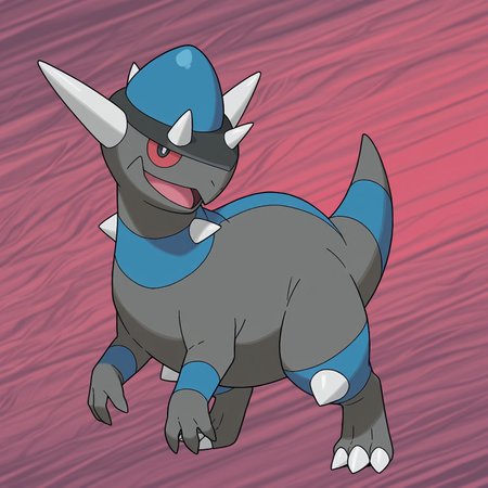 2d, solo, Rampardos, Pokemon (creature), scalie, feral, gray body, blue skin, blue stripes, single tail stripe, spikes, horns, head spikes, knee spikes, toe claws, red sclera, black pupils, three toes, tail, 

BREAK standing, open mouth smile, looking at viewer, abstract background, 

BREAK best quality, amazing quality, very aesthetic, absurdres, newest, masterpiece 