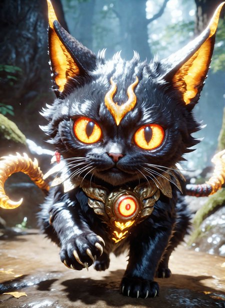 cute little yokai demon cat, in the style of niohxl  <lora:niohxl-step00000300:0.85>,masterpiece,8k,cinematic,epic,more eyes,golden horns