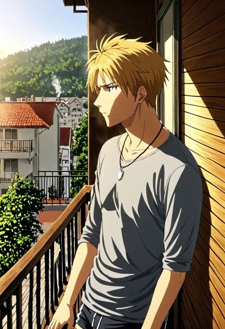 high resolution, solo, best quality, 1Boy, Yamato Ishida, Blond Hair, Necklace, home balcony, morning, cigarette, coffee, t-shirt, shorts, looking away, OverallDetail