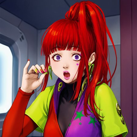 best quality, masterpiece, official artwork, (realistic:0.35), 1girl, solo, sq,  red hair, jewelry, earrings, purple eyes, lips, nail polish, makeup, long hair, ponytail, spaceship room, shock face