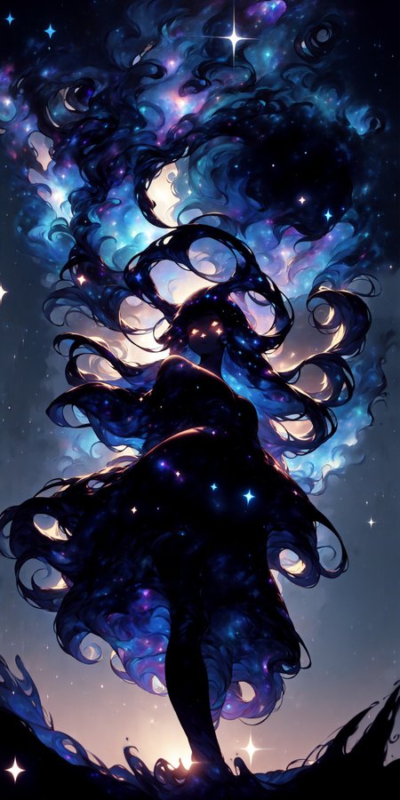 (masterpiece), best quality, expressive eyes, perfect face,
large view, epic scenery, soft colors, soft light, volumetric light, from below, front view, blue hour, (((perspective))),
silhouette of an elegant tall woman, very long hair, black greek dress, large celestial headdress, walking on white sand, sunset, dark celestialskin body, silhouette, jet black skin, flat color, colored skin, void cosmic body, stars, starry sky, halocro, , <lora:a30e1052-b297-41a5-94eb-7d4f346273ed:1.0>, <lora:CelestialSkin:1.0>