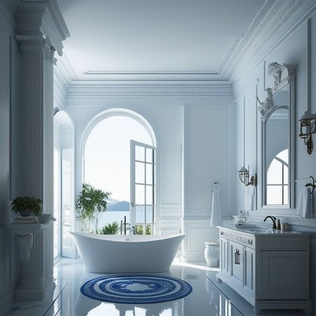 <lyco:Greek_style_interior_design_Sa_May:1.0>  Greek style interior design of bathroom