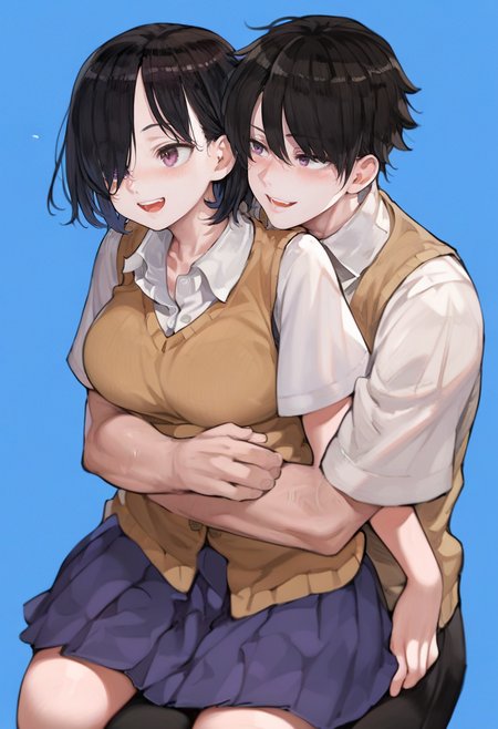 score_9, score_8_up, score_7_up, score_6_up, <lora:navigaviXL_P6_lokr_V53P1:0.95>  1girl, 1boy, black hair, long hair, breasts, skirt, school uniform, shirt, blue background, large breasts, brown eyes, white shirt, simple background, blush, teeth, smile, hug from behind, open mouth, pleated skirt, collared shirt, hug, sweater vest, vest, pants, hair over one eye, black pants, :d, short hair, purple eyes, bangs, short sleeves