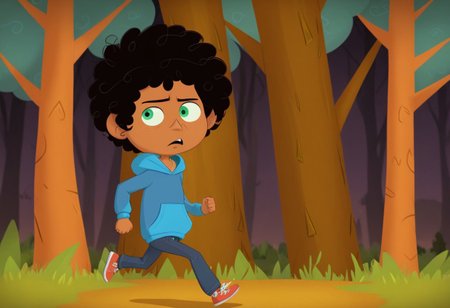 max (camp camp), cartoon theme, max (camp camp), 1boy, solo, human, male focus, curly black hair, curly tousled black hair, afro, dark skin, dark-skinned male,  large eyes, round eyes, green eyes,small nose, triangular nose, pointed nose, anoyed face, running,  blue hood, blue pants, small body, young boy, chibi, dark forest, night