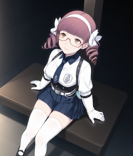 score_9, score_8, score_7, from above, solo, 1girl, <lora:Mana_Kawai_PXL:1> mana_kawai, twin drills, half-rim glasses, brown eyes, white shirt, necktie, belt, white gloves, pleated skirt, white thighhighs, mary janes, sitting, looking up BREAK indoors, sci-fi, white ceilings, white floor, artificial lighting