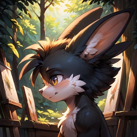 score_9, score_8_up, score_7_up, score_6_up, score_5_up, score_4_up, <lora:Klonoa_Character_PonyXL:0.8> ,  Klonoa, two long ears, fur, anthro, Klonoa, g5, rich colors, forest operations, forest, thicket, communal appearance , presents a painting of rabbits and pony, aroused, front view, detailed background, detailed, 8k quality, side view, beautiful, teasing, easel and brushes, leaned to the floor, freely actions,