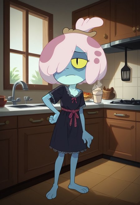 score_9, score_8_up, score_7_up, score_6_up, score_5_up, score_4_up, solo,1girl,show accurate, perfect anatomy, perfect hands,
four fingers per hand and two toes per foot. light pink hair with dark pink spots, hair down to shoulders, hair covering one eye, yellow eyes with black, slit pupils, noodle arms, noodle legs, little breasts, thin waist, slim hips no nose,
hair down, wear only lace nightgown,
 perfect hands, show accurate, perfect anatomy, med body,
indoors, small perky breasts, kitchen, hand on hip, loose clothing, holding a cup of coffee in hand, sleepy eyes, bags under eyes, loose clothes,baggy clothes,