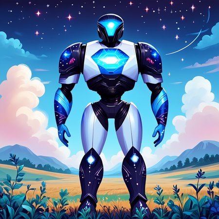 Score_9, score_8_up, score_7_up, score_6_up, BREAK  <lora:Flat_Cartoon_IllustrationPony:1> ArsMJStyle, Flat Cartoon Illustration, The image shows a man in a blue suit standing in the middle of a field surrounded by plants and clouds in the sky., solo, sky, cloud, samus aran, star (sky), full body, standing, power armor, helmet, starry sky print