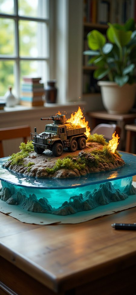(indoor,very wide isometric view,tilt-shift lens:1.6), (windowless,miniature,miniature,diorama,miniature,diorama,PVC,plastic:2) ,  self propelled artillery,hummer with flame at (floating island,levitating  island:1.5) on (table:2) at (study:2.5)   <lora:Diorama_Flux:1>