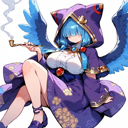 score_9, solo
 <lora:Mahoko:0.8> mahoko, blue hair, wings, hood, hair over eyes, hood up, capelet, gem, purple footwear, blunt bangs, large breasts
 <lora:oiran_Pony_V1.0:0.8> oiran, hair ornament, japanese clothes, floral print, off shoulder, smoking pipe
