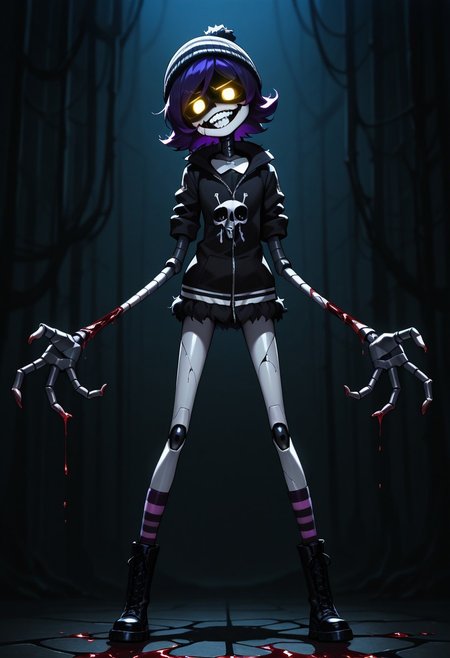 masterpiece, best quality, Detailed, 2D, 1girl, solo, Uzi, Purple Hair, yellow eyes, glowing eyes, robot, beanie, black hoodie, striped socks, boots, cracked skin, bleeding, torn clothes, sadistic grin, human-like teeth, looking at viewer, shaded face, head tilt, long arms, long legs, flesh infection, standing, legs apart, dark industrial background, horror /(theme/)