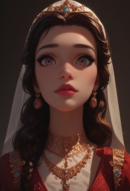 score_9, score_8_up, score_7_up, score_6_up,   score_5_up, score_4_up, 1girl, Belle, (thin:1.4),, gorgeous girl, kawaii girl, perfect cute face, , illustration,  wide eyes, eye contact, Cultural attire, (full shot), khan atlas patterns, Floral patterns, long sleeve, head veil cover,