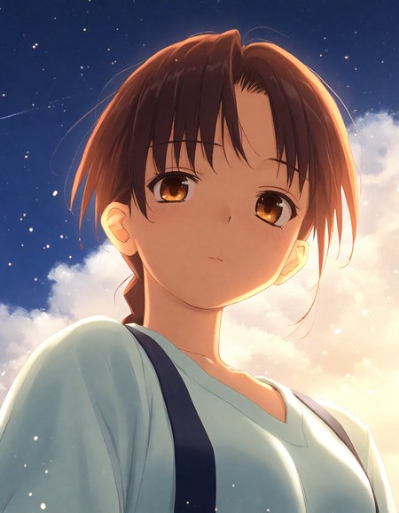 score_9, score_8_up, score_7_up, masterpiece, best quality, absurdres, official art, official style, (anime coloring, anime screencap, megami magazine, flat color:1.3), zPDXL2, zPDXLxxx,
<lora:Tsuina Style Pony_epoch_10:1.0>, tsuina_style
(cute face, beautiful face, detailed face, perfect face:1.3), 
dim lighting, light particles, dramatic lighting, bokeh, volumetric lighting, double exposure, 
rating_safe, standing, outdoors, (portrait|upper body:1.3), , (from below:1.3)
, redesign, night, sky, blue sky, depth of field, cloud, blurry, night sky, 3d, no humans, looking at viewer