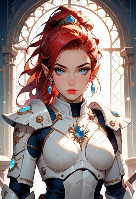 Stable_Yogis_PDXL_Positives, (score_9, score_8_up, score_7_up), ((zPDXL3)), ((zPDXLxxx)), ((face focus, eye focus, dynamic angle, motion)), 1girl, solo, fantasy, (eldar, armor), (Aeldari armor, streamlined armor, full body armor, power armor), red hair, ponytail, blue eyes, pointed ears, breathless intimacy, tanned skin, petite model bombshell, heart, young, delicate features, narrow pointy nose, tiny nose, lust, big eyes, seductive eyes, detailed skin, flared lashes, mascara, makeup, perky huge breasts, athletic body, narrow waist, skinny hips, 
warm light, detailed, neon dark party
 BREAK
milky way, runes, arcane, astral, surreal, ethereal glow, masterpiece, best quality, intricate design. colorful, moonlit nightsky, stained glass aesthetic, moody whimsical color palette, murano glass, bold soldering lines, volumetric light shining through, crepuscular rays, intricate craftsmanship, detailed texture, luminous transparency, reflective light play, vivid hues, atmospheric depth, enchanting silhouette, art nouveau,