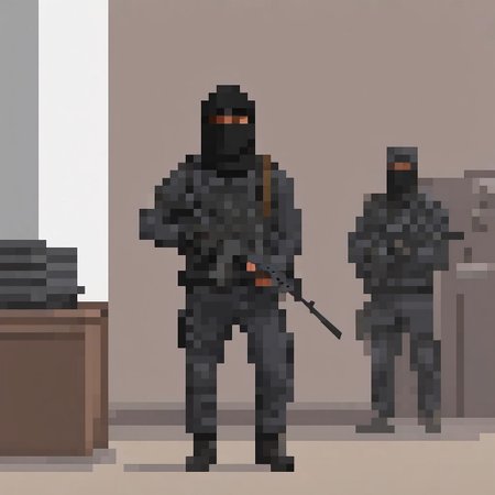 Middle eastern insurgent holding a rifle, in the middle of a federal bank during a heist, black suit, balaclava, duffel bag, fnfalrfl, pixel art