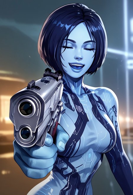 score_9, score_8_up, score_7_up, 1girl, holding weapon, handgun, holding gun, aiming at viewer, revolver, finger on trigger, upper body,<lora:HandPointingAGunMeme_XLPD:1>, Cortana /(Halo/), blue skin, happy, Cortana, eyes closed, mouth open, blue tongue,