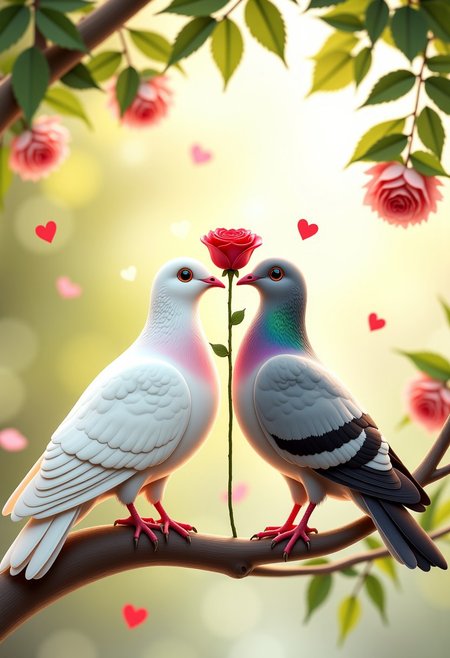 Two doves, white dove, gray dove, a dove holding a cute red rose in its beak, standing on a tree branch, nice romantic atmosphere, love, little hearts, true love, love portrait, detailed fanart, hyperdetailed, hyperrealistic, Realistic, aidmamj6.1