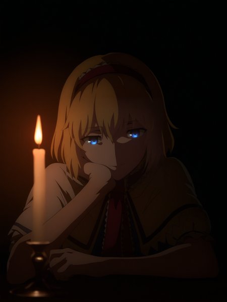 1girl, solo, upper body, pov across table, 
alice margatroid, 
 style-ufotable, high contrast, chiaroscuro, 
candle, 
hand rest
 ,masterpiece, best quality, newest, absurdres, highres,
 <lora:style_ufotable_v1:1>