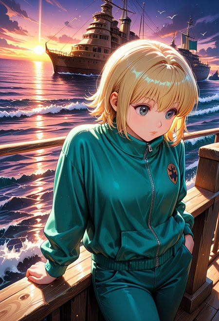 masterpiece, best quality, 32k, high resolution, absurdres 
1girl, solo, Borksen, h_borksen, hunter x hunter, official art, dark grey eyes, short blond hair, long sleeves,full turquoise clothes, bangs, turquoise pants, turquoisejacket,
dynamic pose, standing, posing, looking at horizon, leaning on the railing
outdoors, big ship, boat deck, sea, seagulls, waves,
light particles, dynamic angle,  cinematic angle, various angles, detailed background, beautiful background, (rays light:1.0),(grow:1.0) vivid colors, shiny and glossy, anime style, high-res, beautiful aesthetic, very intricate, high-quality details, vibrant, 
<lora:add-detail-xl:1.10> <lora:spo_sdxl_10ep_4k-data_lora_webui:0.95> <lora:noobai_ep11_stabilizer_v0.138_fp16:0.6> <lora:StS-Illustrious-Detail-Slider-v1.0:1.10> <lora:cfg_scale_boost:0.95> <lora:nyalia:0.20>  <lora:HUNTERHUNTER___Morena_____borksen:1>