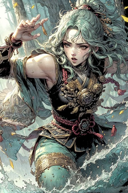 (best quality, masterpiece, colorful, dynamic angle, highest detailed),(high resolution textures), in dynamic pose, bokeh, (intricate details), official art, highest detailed,natural skin texture, perfect face,1girl,
(Mint green hair,Beachy waves,Chinos,Hand on chin pose,Enchanted forest,Samurai Warriors,Regeneration)
more detail,detail, <lora:DETALLES--more_details:0.45>