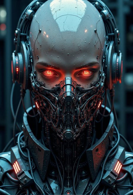 A close-up of a futuristic cybernetic soldier, illuminated by a moody, cold blue and red light. The figure's head is bald and features a high-tech mask covering the lower half of the face, composed of sleek black metal, glowing interfaces, and detailed cables. The soldier's glowing orange-red eyes display the word 'No' in bold, digital text instead of pupils, adding a haunting and intimidating effect. The armor is intricately designed, with pulsating red lights embedded in the joints and sleek plating, emphasizing advanced technology. The background is blurred, creating a sense of focus and intensity on the soldier's expression and cybernetic details. <lora:s1n0z1ck style FG Flux Lora.safetensors:0.75>,  <lora:Cyberpunk Realistic V1.safetensors:0.75>, <lora:Giger_2_0.safetensors:0.25>,