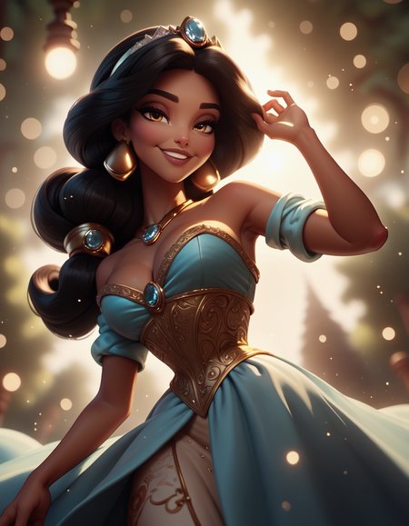 score_9, score_8_up, score_7_up,score_6_up, score_5_up, score_4_up ,1girl, solo, 
large breasts,
JasmineDG,
outdoors, light particles, bokeh, dim lighting, 
tiara, dark skin, 
smile, half closed eyes, from below, 
 <lora:Jasmine DG PonyXL-000003:1>