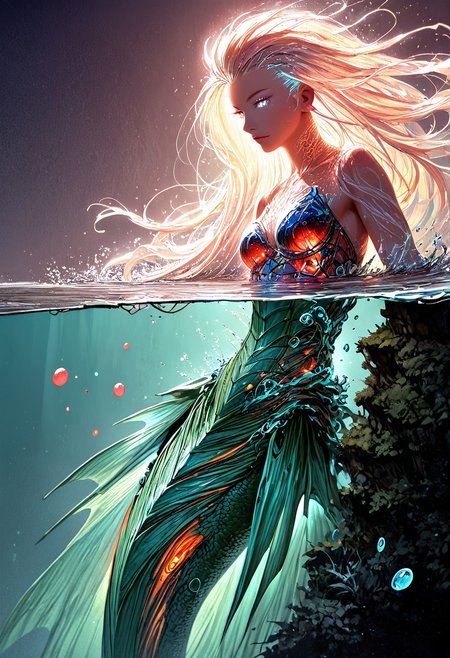 (score_9, score_8_up), score_7_up, zPDXL, solo, <lora:MythAnim3Style:0.8>, MythAn1m3,  source_anime, 1girl, mermaid, dark mysterious backgroud, Iridescent eyes, aquatic scene, dreamlike atmosphere, mystical, ethereal light, detailed textures, whimsical, rippling, dripping, water element, very long cascading hair, water, very beautiful, sexy, sexy body, beautiful body, scales, wet body, Iridescent scales, bubbles, water drops, Iridescent skin, multi colored eyes, partially underwater shot, watce, bioluminescent skin, bioluminescent, glowing, bioluminescent scales, bioluminescent hair,  FastNegativeV2, laser light clothes, submerged breast, water line on lense, view from under water, light hair