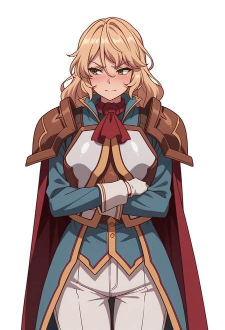 Smooth Quality,masterpiece,very intricate, high quality details, ultra realistic, high detailed skin,detailed enviorement,absurdres,
simple background, white background,
,front view,embarrassed,sulking,
 <lora:Blade_cnn:0.8>
bladecnn,1girl,  blonde hair, green eyes, long hair, 
armor, uniform, long sleeves, gloves, white pants, ascot,shoulder armor,
cape, coat,