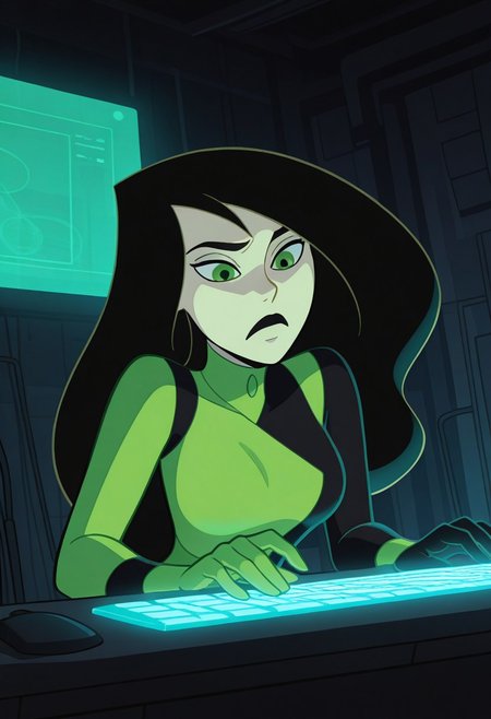masterpiece, best quality, amazing quality, hyper-Detailed, high resolution,  1girl,  solo, shego, black hair, black lips, green eyes,5parr0w5tyl3, cartoon,
neon-lit room filled with holographic screens, glowing keyboard, sleek bodysuit with glowing accents,  focused expression, wires and circuits, dark urban background, action shot, close up, typing