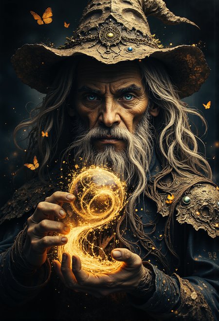 An enchanting portrait of an elderly wizard with a long, flowing white beard and hair, illuminated by soft, magical light. The wizard wears a wide-brimmed, weathered hat adorned with small twigs and leaves, and a richly detailed, embroidered robe with golden patterns and sapphire-like gemstones. He holds an intricately carved staff featuring runes and glowing symbols that pulse with arcane energy.  In his other hand, he delicately manipulates a swirling orb of radiant light and magical particles, which seem to defy gravity. Surrounding him are vibrant monarch butterflies, glowing faintly with magical auras, as if drawn to his power. The background is dark and ethereal, filled with faint wisps of mist and stardust, enhancing the mystical atmosphere. The wizard's piercing blue eyes radiate wisdom and power, adding a sense of wonder and depth to the scene. <lora:flux_sparklycism.safetensors:1.0>,  <lora:- Flux1 - vanta_black_V1.0.safetensors:1.0>,  <lora:Elden_Ring_-_Yoshitaka_Amano.safetensors:1.0>,  <lora:paintart-style-006-v1-0-flux.safetensors:0.4>,  <lora:Movie_Portrait.safetensors:0.5>,  <lora:- Flux1 - soothing_atmo_V2.0.safetensors:0.2>,  <lora:lith_mimosa_kiel_grw134_FLUX.safetensors:0.4>,